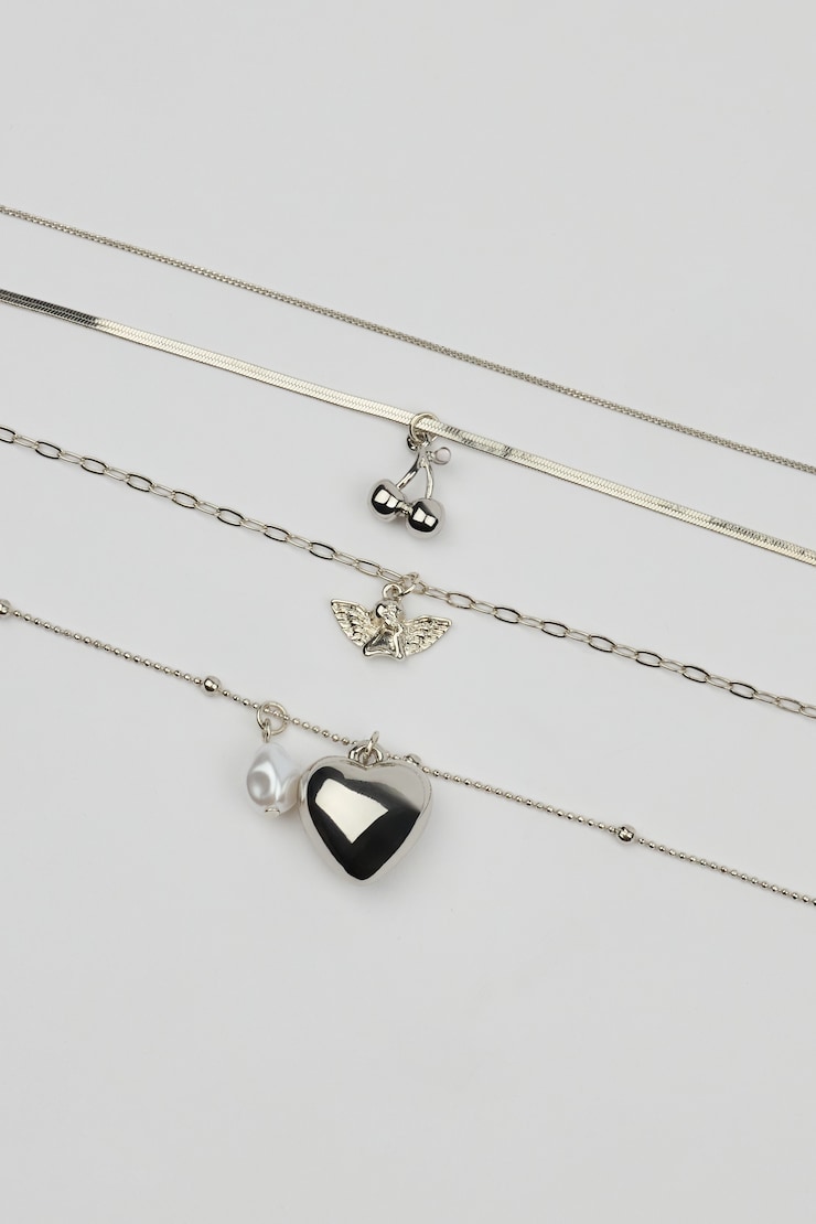 Set of 4 Angel and Cherry Pendant Necklaces Gray