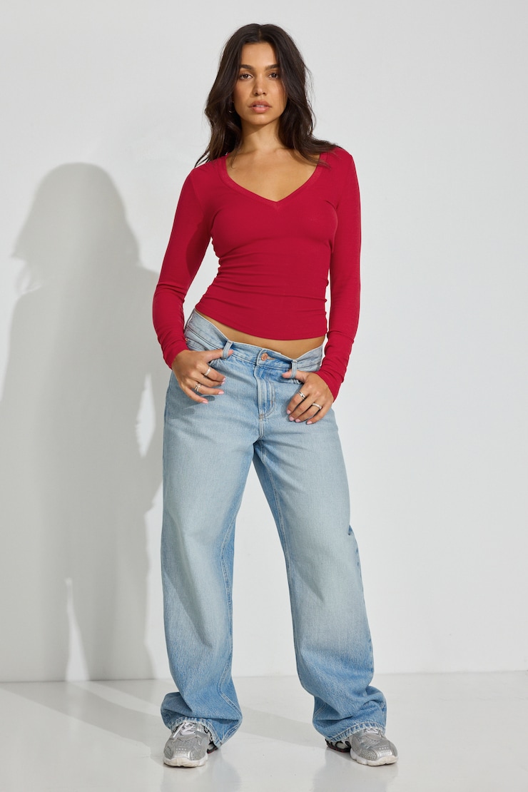 Serene Deep V-Neck Long Sleeve Top Red